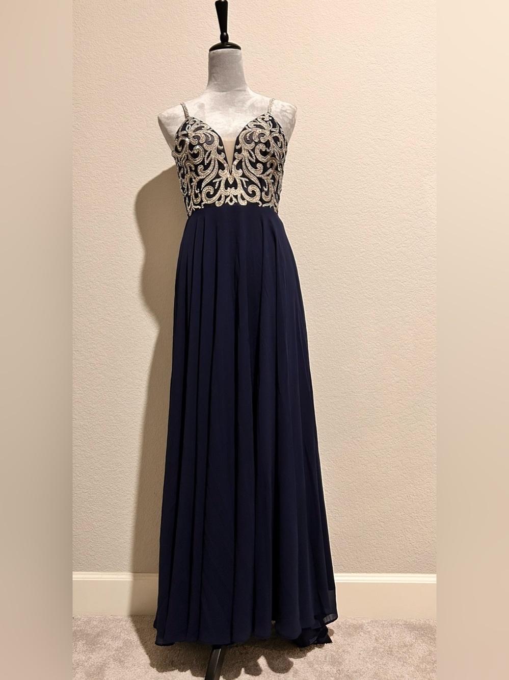 David’s Bridal Navy Embroidered Bodice Evening Gown